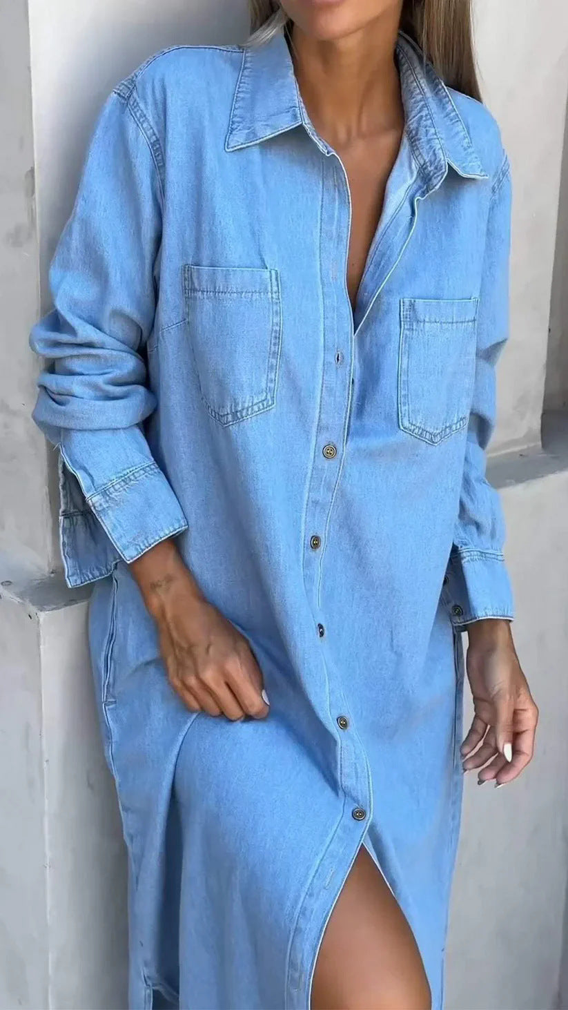 Lapel Cardigan Long Sleeve Single-Breasted Denim Maxi Dress
