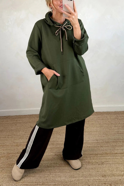 Kangaroo Pocket Loose Hooded Sweatshirt Midi Dress