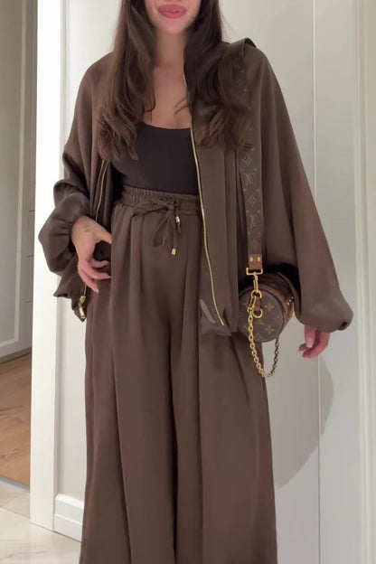 Lantern-sleeve zipper jacket and elastic waistband wide-leg pants two-piece set