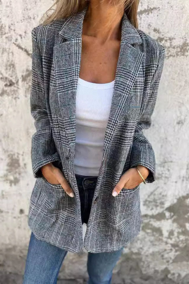 Mid-length houndstooth wool suit jacket