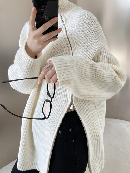 Turtleneck side zip solid color knit sweater