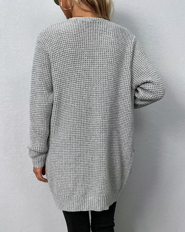 Solid color pocket mid-length knitted cardigan