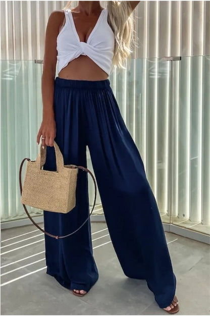 Elastic waistband high waist pleated wide leg pants