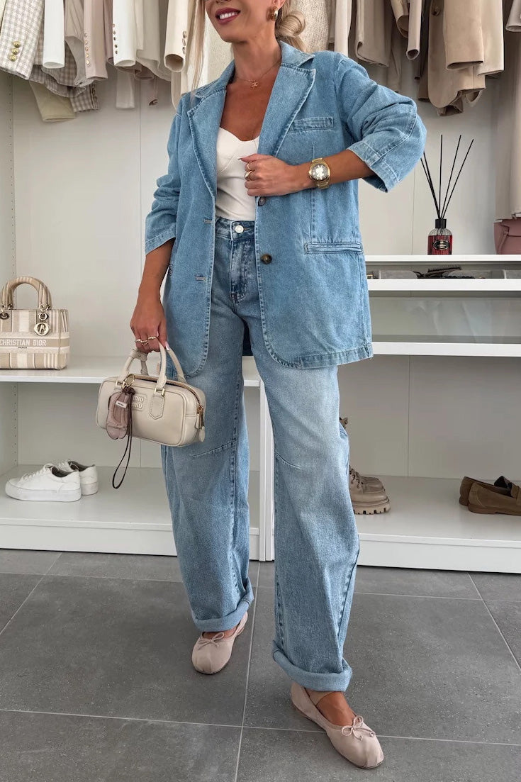 Casual Loose Washed Blue Denim Suit Jacket