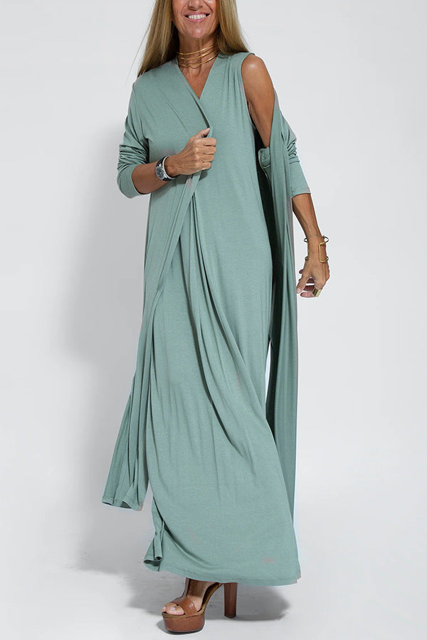 Elegant V-neck Sleeveless Long Dress Matching Vest Cardigan