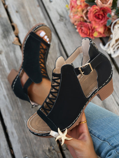 Chunky high heel open toe hollow buckle Roman sandals