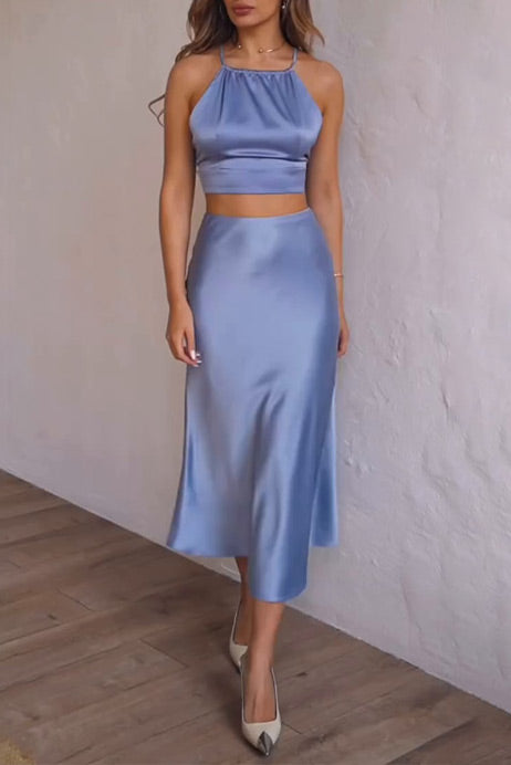 Satin camisole top and hip maxi skirt two-piece set