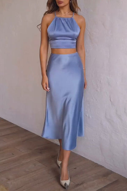 Satin camisole top and hip maxi skirt two-piece set