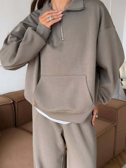 Zippered half-high collar pullover sweatshirt and wide-leg pants two-piece suit