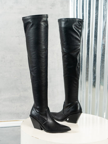 Skinny legs chunky high heels over-the-knee motorcycle boots