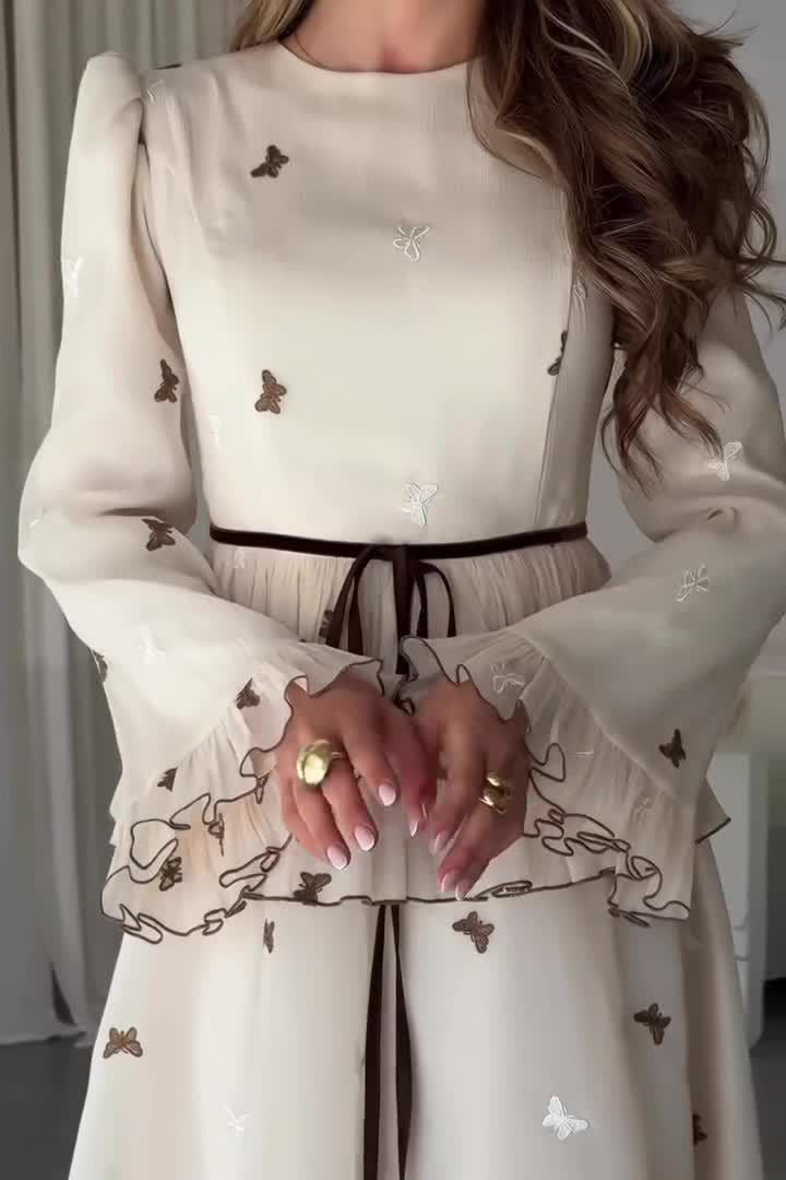 White long-sleeved chiffon butterfly embroidery dress
