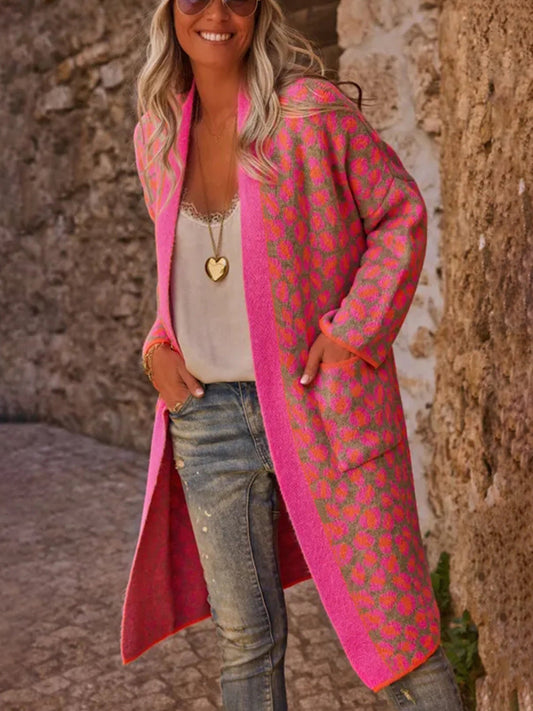 Rose red contrast leopard long sweater coat