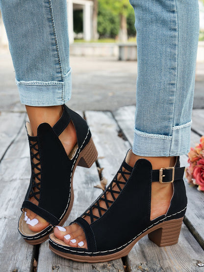 Chunky high heel open toe hollow buckle Roman sandals