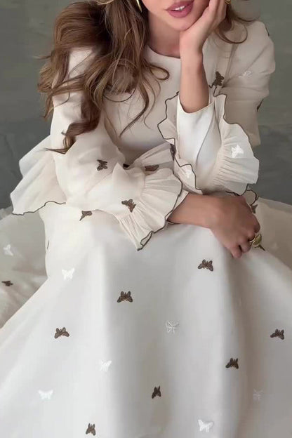 White long-sleeved chiffon butterfly embroidery dress
