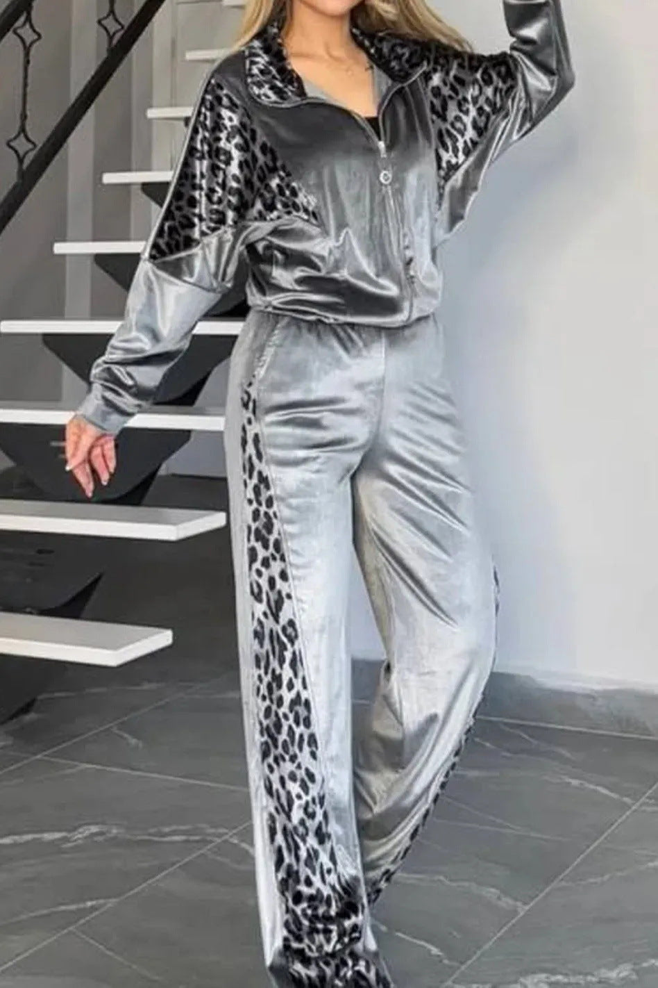Suede leopard print contrast long-sleeved jacket and wide-leg pants two-piece set