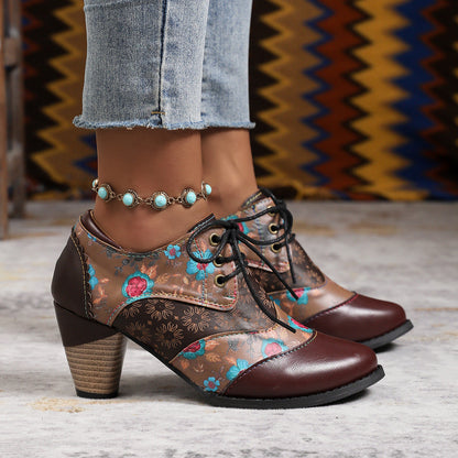 Retro ethnic thick high heels ankle Martin boots