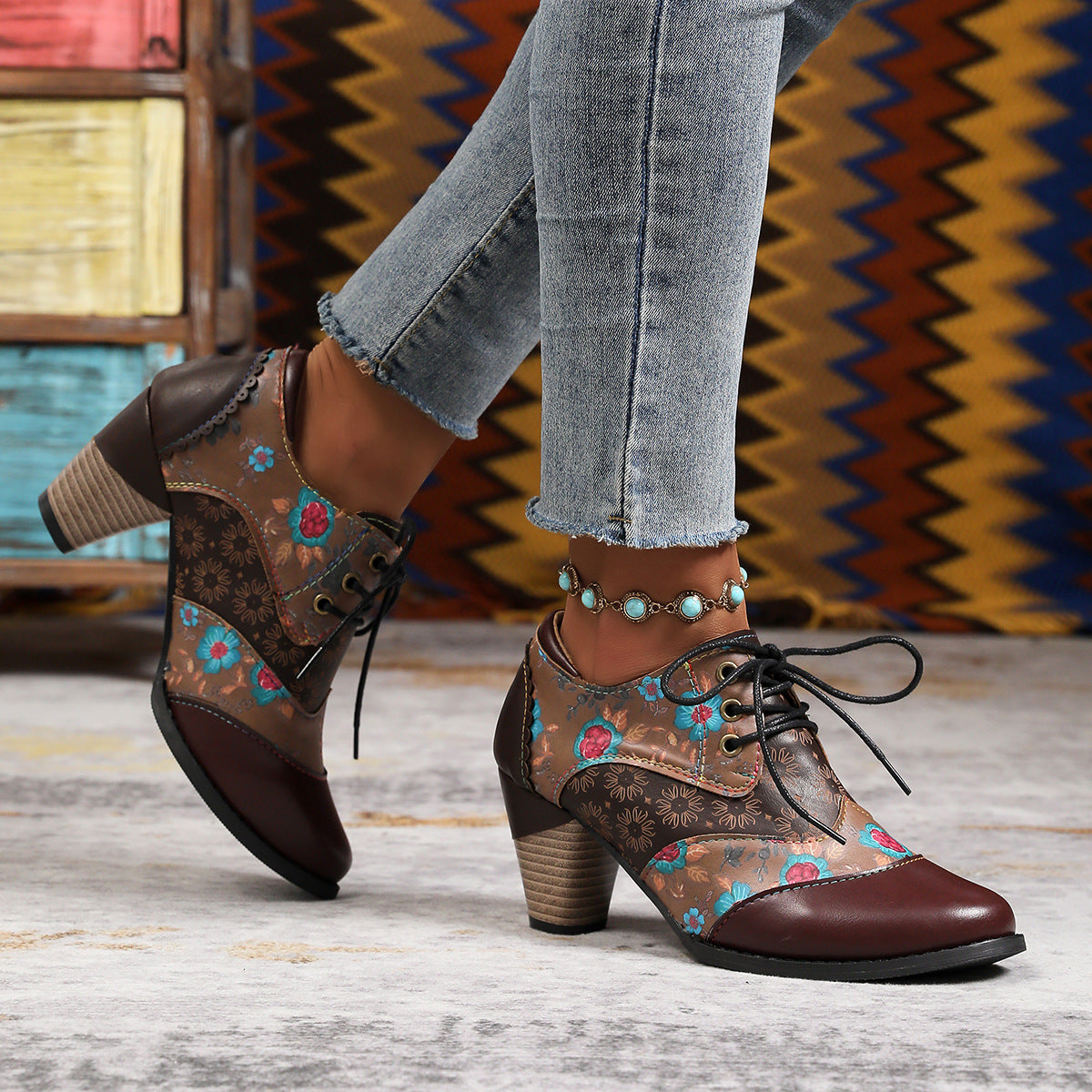 Retro ethnic thick high heels ankle Martin boots