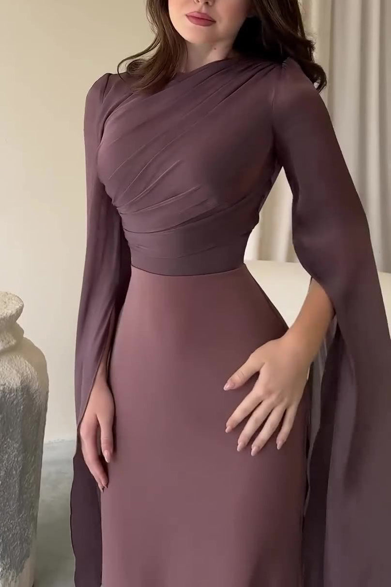 Mesh flared sleeves satin long slim dress