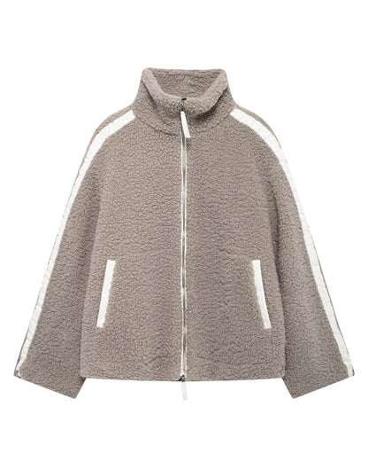 Loose stand-up collar double-ended zipper fleece cardigan jacket