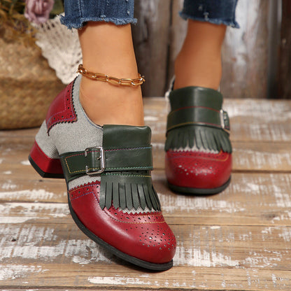 Retro contrast tassel side zipper brogues shoes