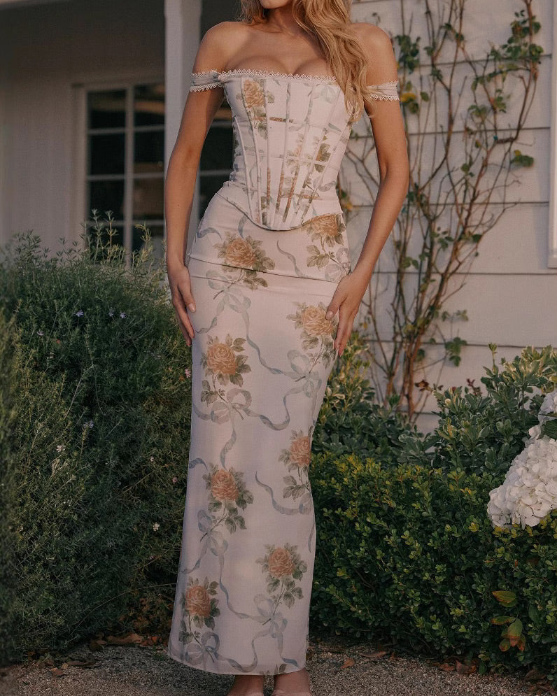 Off-the-shoulder herringbone tube top print dress