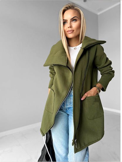 Oblique zipper Lapel Mid-length fleece sweatshirt jacket