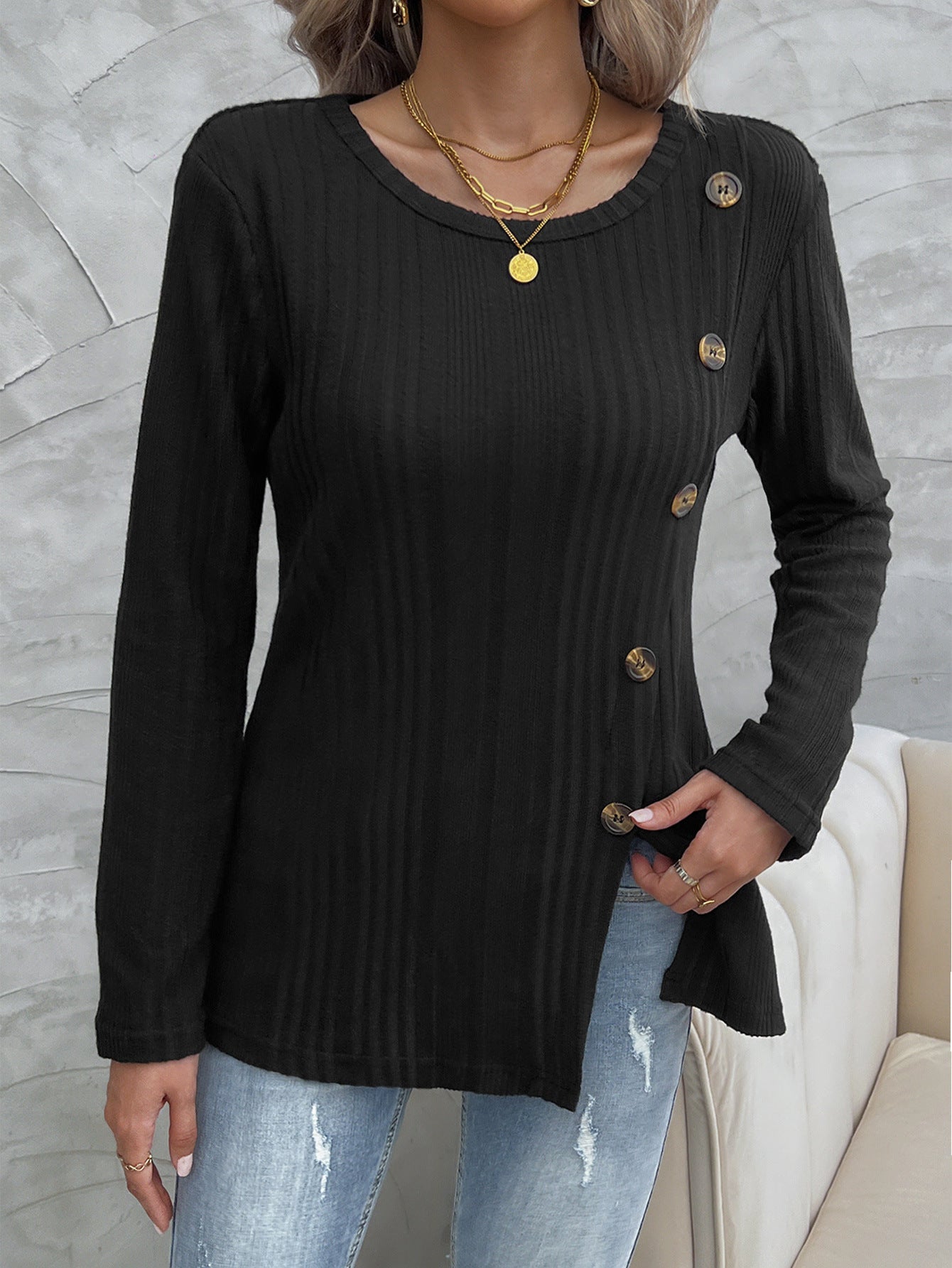 Black crew neck slanted button knit top