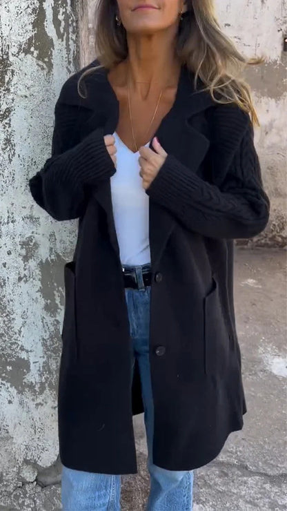 Cable-knit sleeves lapel long knitted coat
