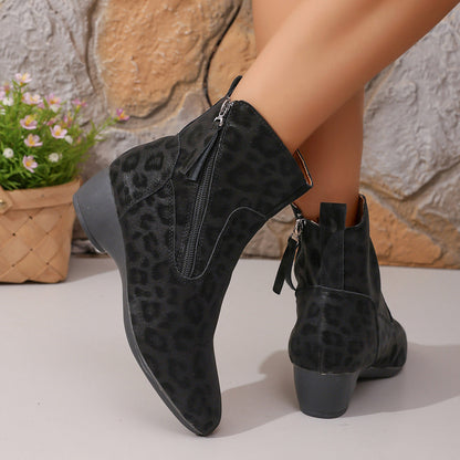 Suede leopard block heel side zipper Martin boots