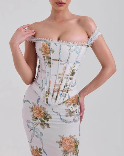 Off-the-shoulder herringbone tube top print dress