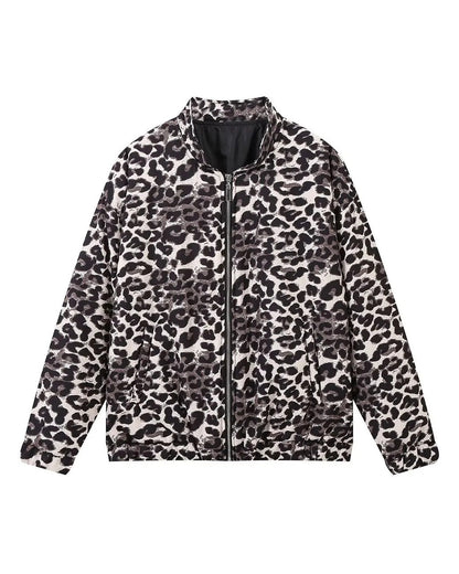 Leopard print cropped loose zip-up jacket