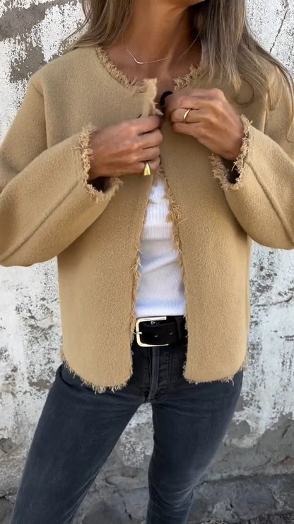 Round neck long-sleeved frosted edges woolen coat