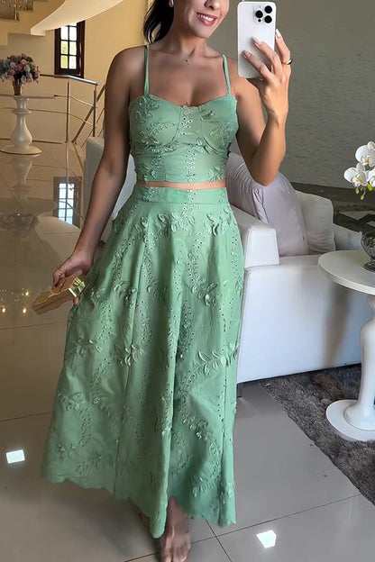 Two-piece camisole top and lace casual holiday skirt set