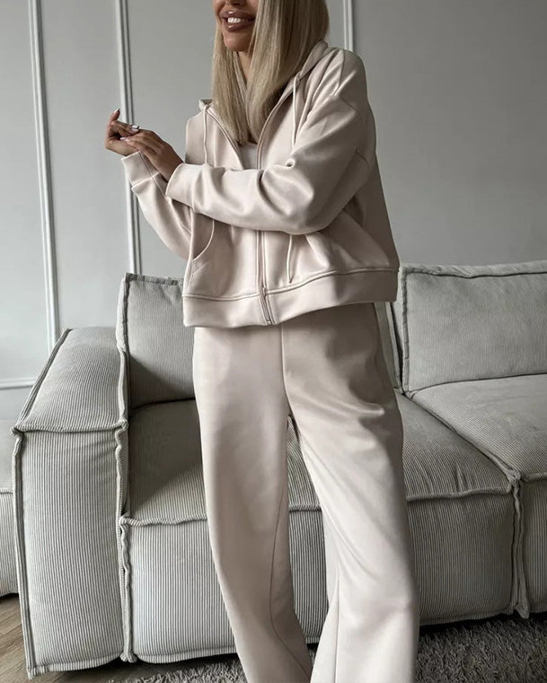 Zippered hooded sweatshirt and lace-up trousers two-piece set