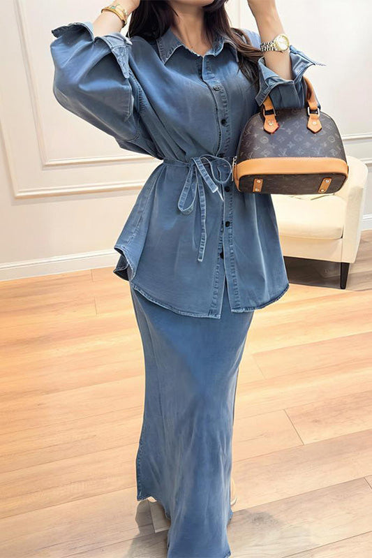 Long-sleeved tie-strap curved-hem shirt top and hip-wrapped maxi skirt two-piece set