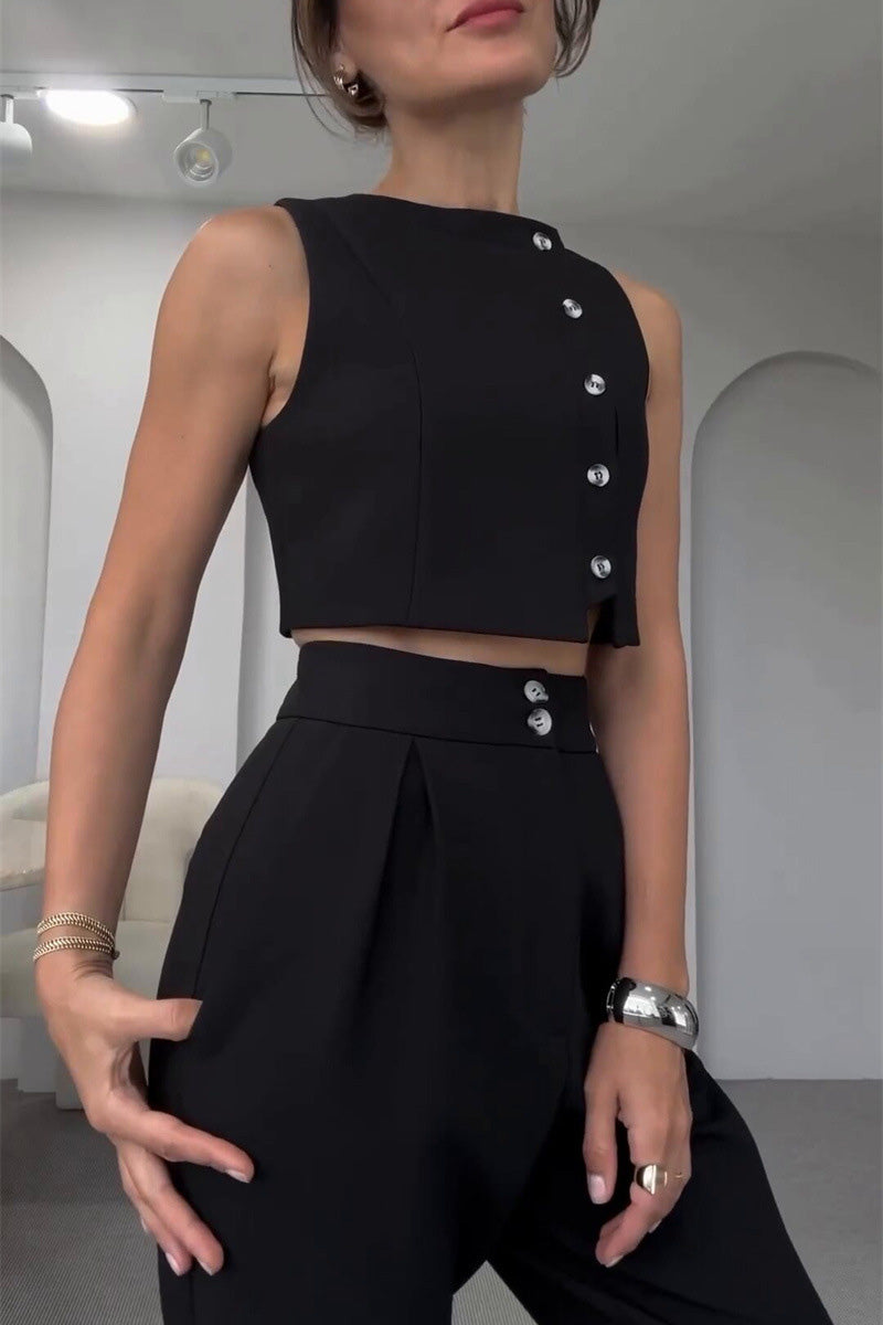 Sleeveless Button-Down Vest Top High-Waisted Cropped Pants Two-Piece Set