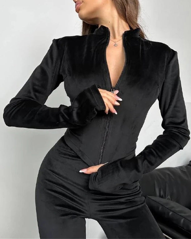 Weekend Mode Suede tight cardigan and elastic pants two-piece set
