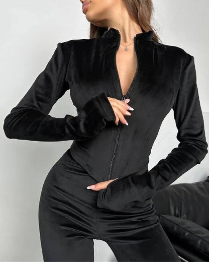 Weekend Mode Suede tight cardigan and elastic pants two-piece set