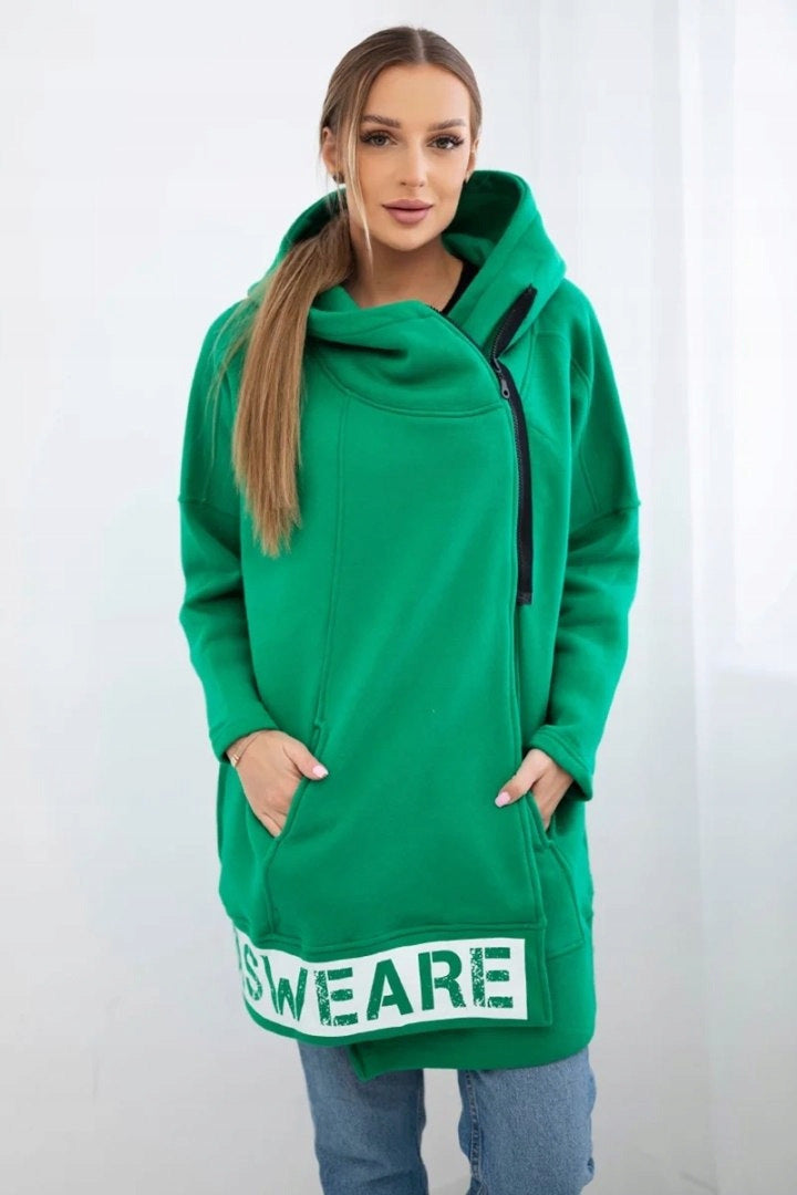 Diagonal zipper Printed logo Loose mid-length hooded fleece jacket