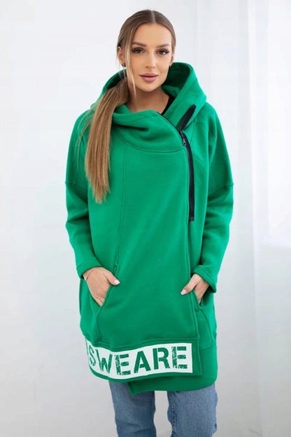 Diagonal zipper Printed logo Loose mid-length hooded fleece jacket