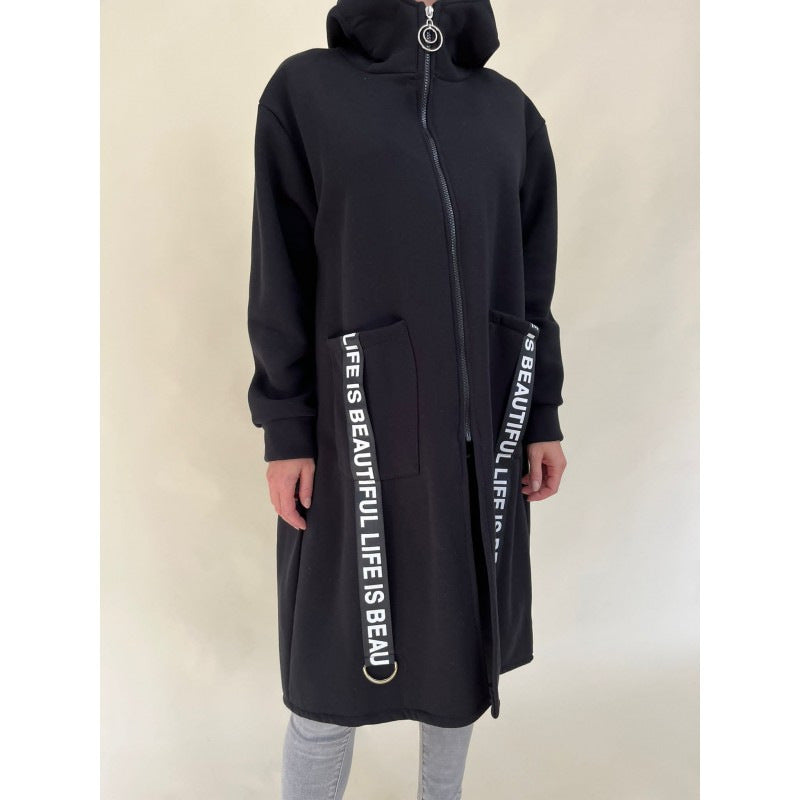 Chic pockets design High collar Long hooded sweatshirt jacket