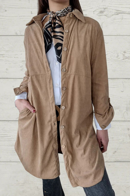 Corduroy solid color lapel pocket mid-length coat