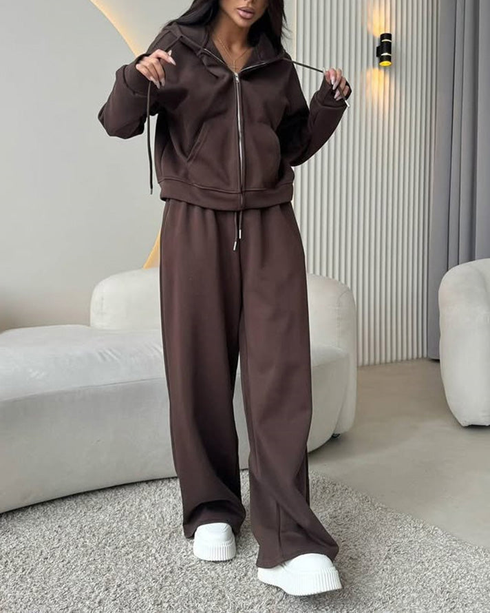Zippered hooded sweatshirt and lace-up trousers two-piece set