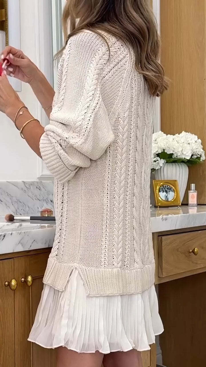 Long-sleeved crew neck cable knit chiffon hem dress