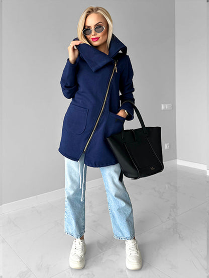 Oblique zipper Lapel Mid-length fleece sweatshirt jacket