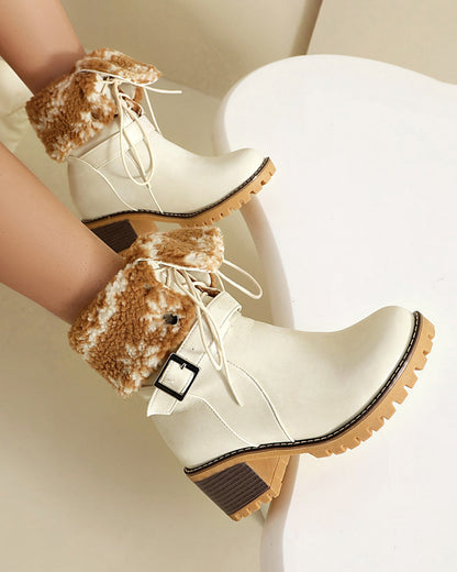 Two-way lace-up thick-heeled warm furry low boots