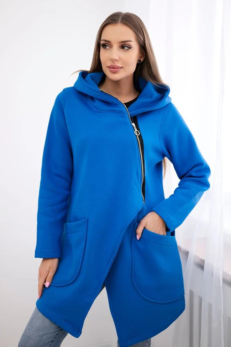 Asymmetric zip-up hooded mid-length fleece sweatshirt jacket