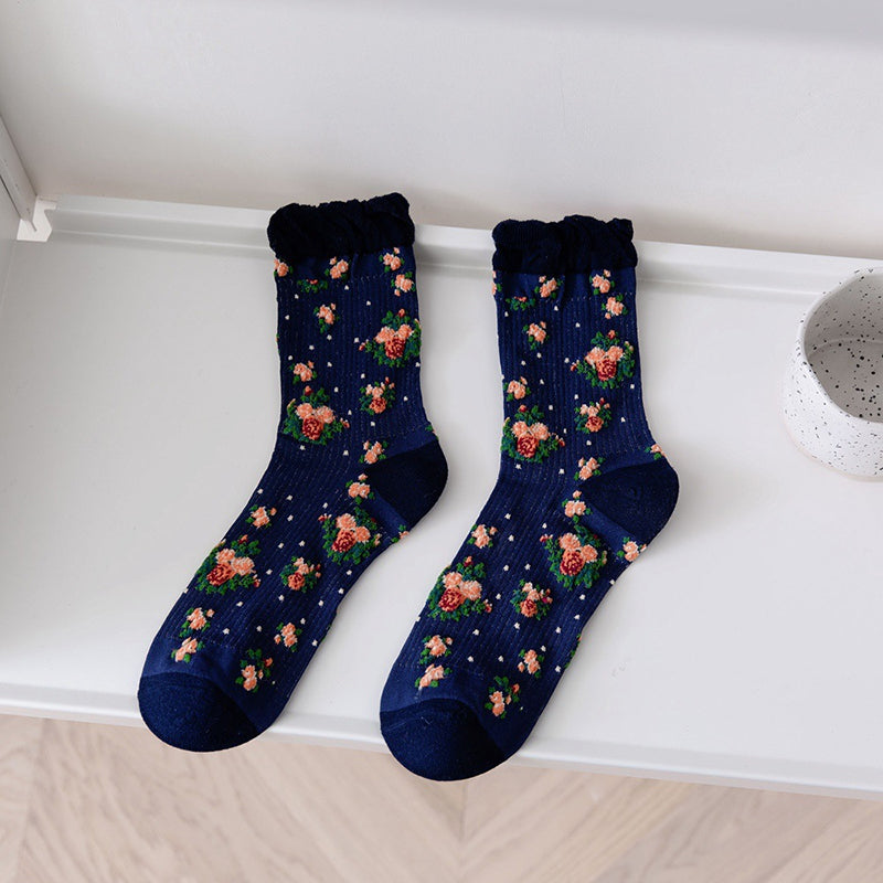 Retro Blumensocken Marineblau