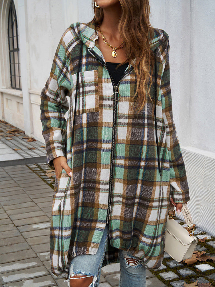 Loose Contrast Plaid Zipper Hooded Long Jacket