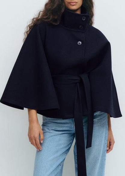 Solid color stand collar button belt cape trench coat